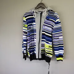 M11027 【DIESEL】 ディーゼル ダメージ加工 ニット 切替 フード付 ジップアップパーカー ストライプ グレー マルチカラー Sサイズ メンズ 秋冬