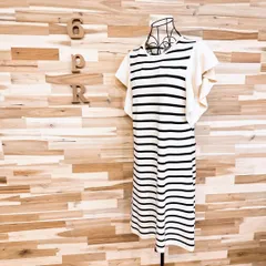 【ザラ】フリル スリーブ ニット ワンピース ボーダー切り替え Mアイボリー×黒