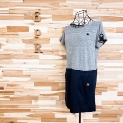 【バーバリーブルーレーベル】バイカラー 切り替えワンピース 金ボタン グレー×紺