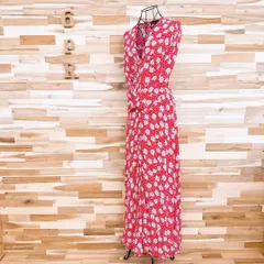 【ザラ】水玉ドット 花柄アート Vネック ロング ワンピース XS 赤レッド×白