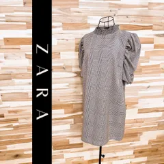 【ザラ】レトロ クラシカル チェック×ドット ワンピース フリル スリーブ M茶