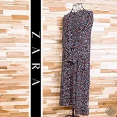 【ザラ】クルーネック ボタニカル フラワー ロング ワンピース 花柄 S 黒×青