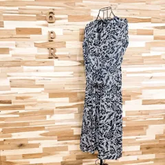 【ザラ】コットン 花柄×ストライプ ロング ワンピース Vネック S 紺×白