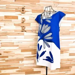 【ザラ】コットン バイカラー ボタニカル ノースリーブ ワンピース L 青×白