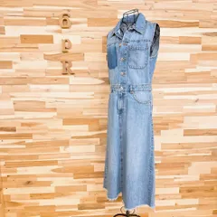 【ザラ】デニム アシンメトリー ポケット ノースリーブ ロング ワンピース S青