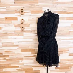 【ザラ】タイ付き 透け感シアー ドット柄 プリーツ ワンピース XS 黒×白