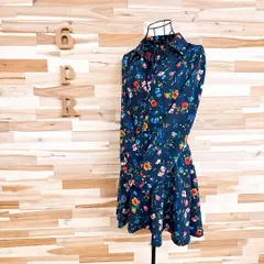 【ザラ】オープンカラー フラワー花柄 ミニ シャツ ワンピース 総柄 M 紺×緑