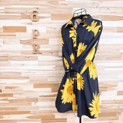 【デシグアル】マーガレット 大輪 花柄 シャツ ミニ ワンピース M 黒×黄