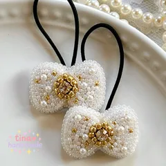 【キッズヘアゴム】キラキラビジューのりぼんヘアゴム 2つセット｜ホワイト 白｜発表会・セレモニー・プレゼント・入園準備にも♡