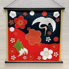 お正月ウォールデコ【鶴亀絵図】軸付きタペストリー 梅 迎春玄関壁飾り 1月壁飾り 日本製 新品未使用品