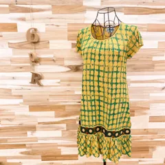 【ホコモモラ】Jocomomola チェック 花柄 ワンピース編み込み L黄×緑
