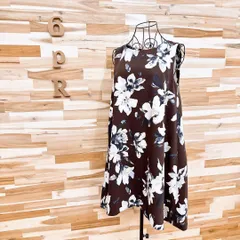 【フレイアイディー】フラワー アート ノースリーブ ワンピース 花柄 M 茶×白