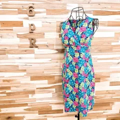 【タルボット】Vネック カラフル フラワー ノースリーブ ワンピース 花柄 緑