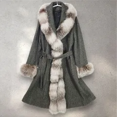 美品 リアルファー ロングコート カシミヤ100% フォックスファー ベルト付き 上品   ショールカラー ロングコート