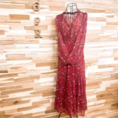 【ザラ】透け感 シフォン ロング ワンピース エスニック 総柄 XS 赤×ピンク