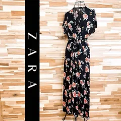 【ザラ】花柄 フラワー プリント ロング ワンピース リボン XS 黒×ピンク