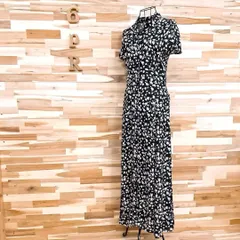 【ザラ】レーヨン モノトーン フラワー ロング シャツ ワンピース M 黒×白