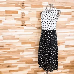【ザラ】クルーネック ドット ノースリーブ ロング ワンピース プリーツM白×黒
