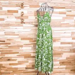 【ザラ】リネン フラワー カットアウト ロング キャミ ワンピース 花柄 M 緑