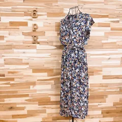 【ザラ】Vネック 花柄 ノースリーブ ロング シャツ ワンピース S 紺×緑