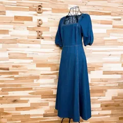 完売【ザラ】スクエアネック ロング デニム ワンピース 半袖 S インディゴ×紺