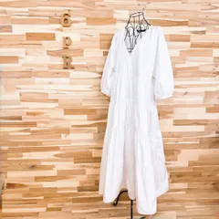 【ザラ】ボリューム コットン Vネック ティアード ロング ワンピース S 白