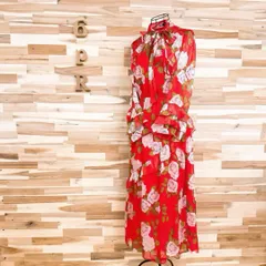 【ザラ】ローズ シフォン バックオープン ロング ドレス ワンピース XS赤×白