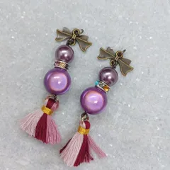 アンティークリボン×パープルビーズ タッセル揺れるピアス パール風ビーズ×タッセル ピアス アンティーク風 大人可愛い ガーリー クラシカルデザイン