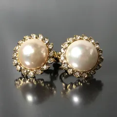 イヤリング パールデザイン ラインストーン 丸型 ラウンド ゴールドカラー ネジバネ式 レディースアクセサリー■S82