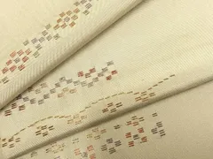 平和屋着物▽上質な紬　単衣　総刺繍　花織　幾何学花文　正絹　逸品　AABD0189fy