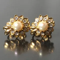 イヤリング パールデザイン ラインストーン 丸型 ラウンド ゴールドカラー ネジバネ式 レディースアクセサリー■S83