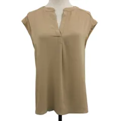 ナチュラルビューティーベーシック NATURAL BEAUTY BASIC ブラウス シャツ プルオーバー キーネック フレンチスリーブ 無地 半袖 M ベージュ