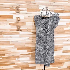 【ザラ】アニマル レオパード フリル ノースリーブ ワンピース 総柄 S 白×黒