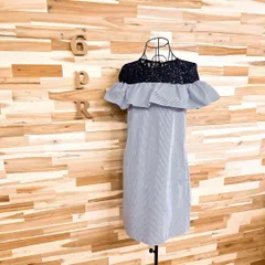 【ザラ】花柄レース 切り替え フリル オフショルダー ワンピース XS 紺×白