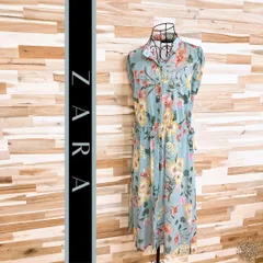 【ザラ】透け感 シアー ボタニカル 花柄 シフォン ロング ワンピース M 緑