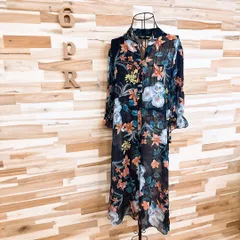 【ザラ】透け感シアー シフォン ボタニカル フラワー 花柄 ワンピース M 紺