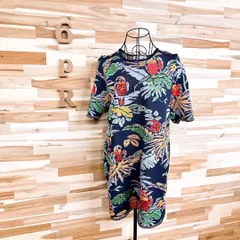 希少【ザラ】ジャガード カラフル スパンコール オウム ワンピース 刺繍 M 紺