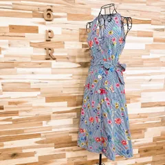 【ザラ】ストライプ フラワー ノースリーブ ワンピース カラフル 花柄 S青×白