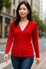 【送料無料】Vネック カーディガン 赤 M リブニット きれいめ 大人可愛い