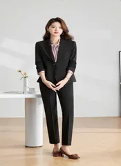 スーツ カジュアル レディース 上下セット オフィススーツ 全3色 きれいめ オフィス 長袖 ジャケット パンツ 2点セット   おしゃれ かわいい 韓国 黒 白 カーキ 無地 上下セット カジュアルスーツ 袖ボタン 中厚手 ポケット付き