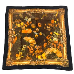 Christian Dior クリスチャンディオール 大判スカーフ  絵画/額縁/フルーツ/シルク/ブラック/タグ有 108㎝/鐘紡製  シルク100％   / 240001172684