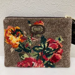 5748　美品　FEILER フェイラー　ポーチ　フラットポーチ　ブラウン　花柄　フラワー　レディース　タグ付き　茶色　シュニール織り　雑貨