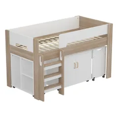 「01/25再入荷予定」システムベッド ロフトベッド 階段付き S 木製 高さ120cm シングル ベッド ロータイプ ベッド デスク 本棚 机付き 学習机 コンパクト 本棚付き 収納 大人 一人暮らし ナチュラル+ホワイト