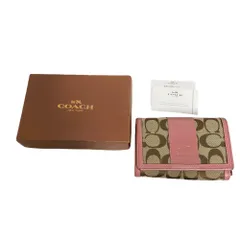 【中古品】COACH コーチ キャンバス レザー ピンク 折りたたみ 3つ折り財布 コンパクトウォレット 箱有 hiA17065RO
