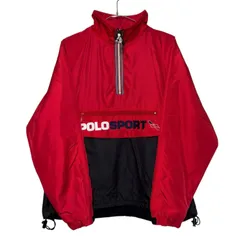 POLO SPORT RALPH LAUREN Harf-Zip Nylon Pullover JKT M 赤 黒 ポロスポーツ 刺繍 ドローコード 古着