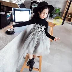 子供ワンピース 花柄 キッズドレス 子供 チュールドレス レース チュールワンピース 長袖 女の子 キッズ ワンピース 春秋冬 長袖ワンピース