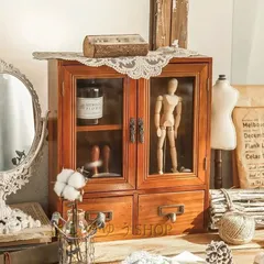 小物収納 ディスプレイ 収納キャビネット ヴィンテージ おしゃれ インテリア 両開き レトロ調 アンティーク 多機能 大容量 シェルフ カフェ