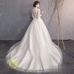 ウェディングドレス レース花嫁ロングドレス トレーンライン パーティードレス 結婚式 ハイネック お呼ばれ ウェディングドレス白 二次会 