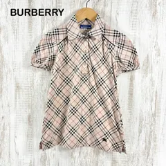 BURBERRY BLUE LABEL バーバリーブルーレーベル ホースロゴ刺繍 ノバチェック 総柄 コットン 半袖 ポロシャツ ピンクベージュ