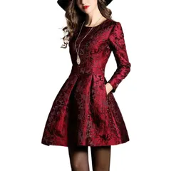 ジャカード ワンピース ロングスリーブ 着痩せ 大人可愛い 忘年会 クリスマス デート